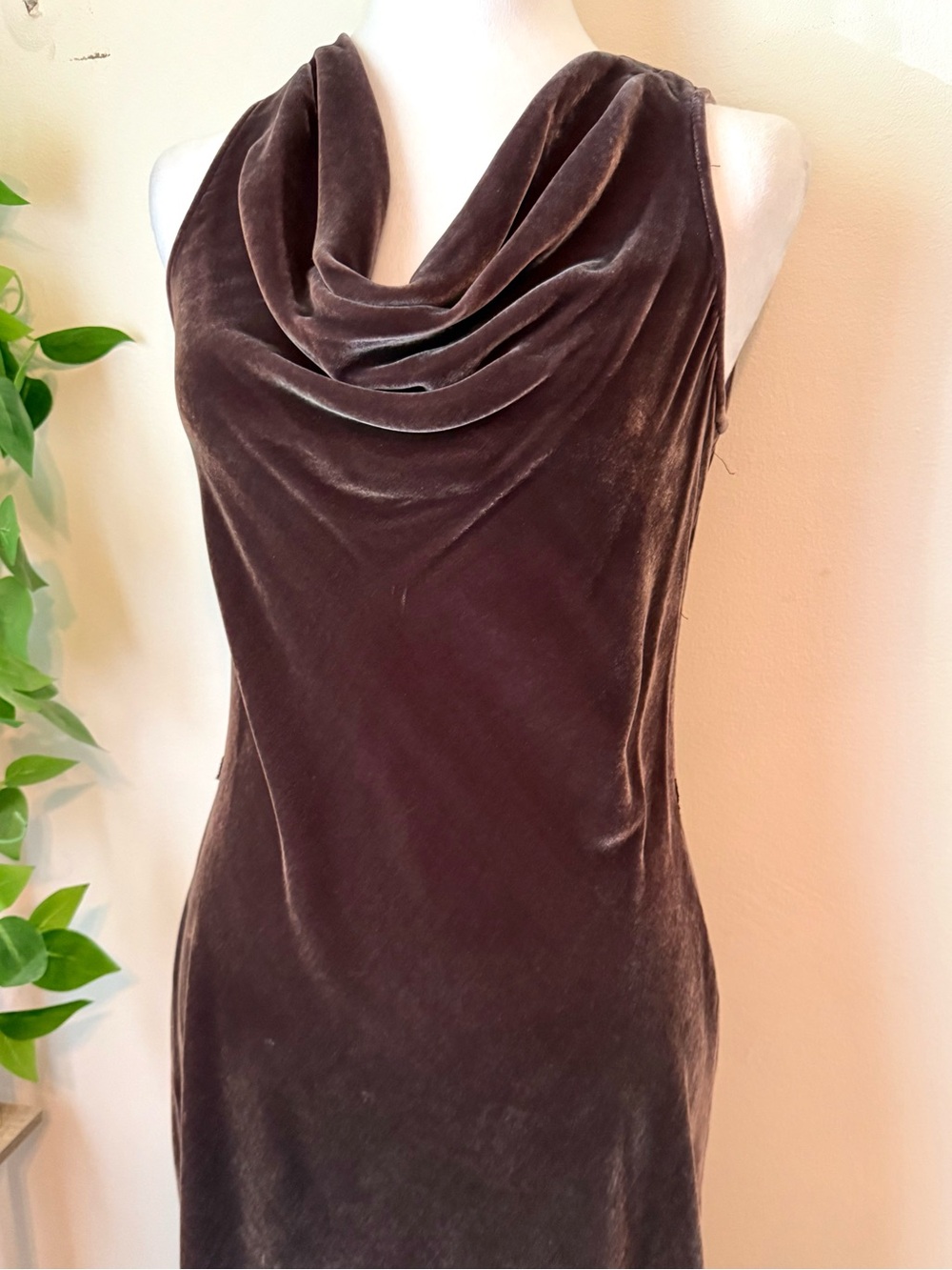 Calvin Klein Silk Velvet Cowl Neck Sleeveless Dress - taupe brown